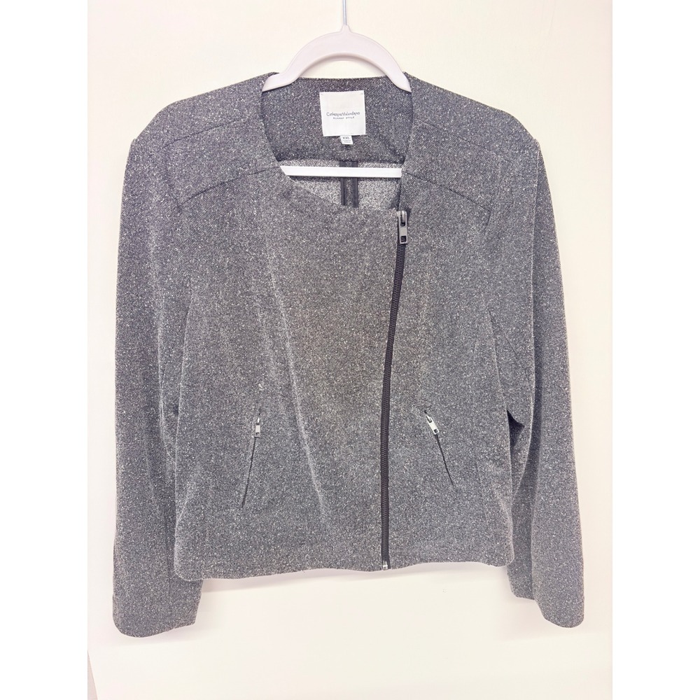Edgy Contemporary Moto Jacket Metallic Catherine Malandrino Rock Women XXL Gray